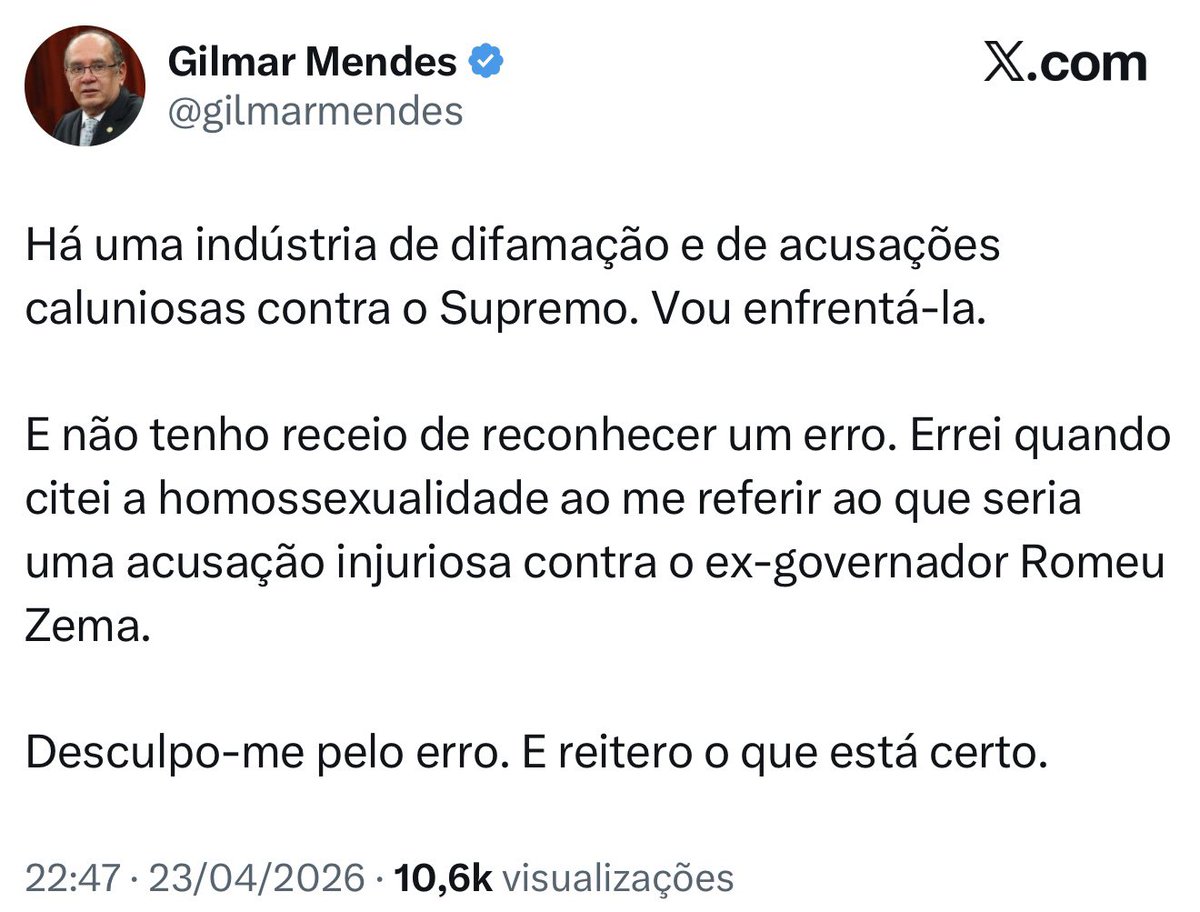Quem se desculpa, admite culpa. Se a própria manifestação é qualificada pelo ministro como injuriosa, a retratação implica reconhecer a prática de um ilícito. O ministro acaba de autoincriminar ao vivo
