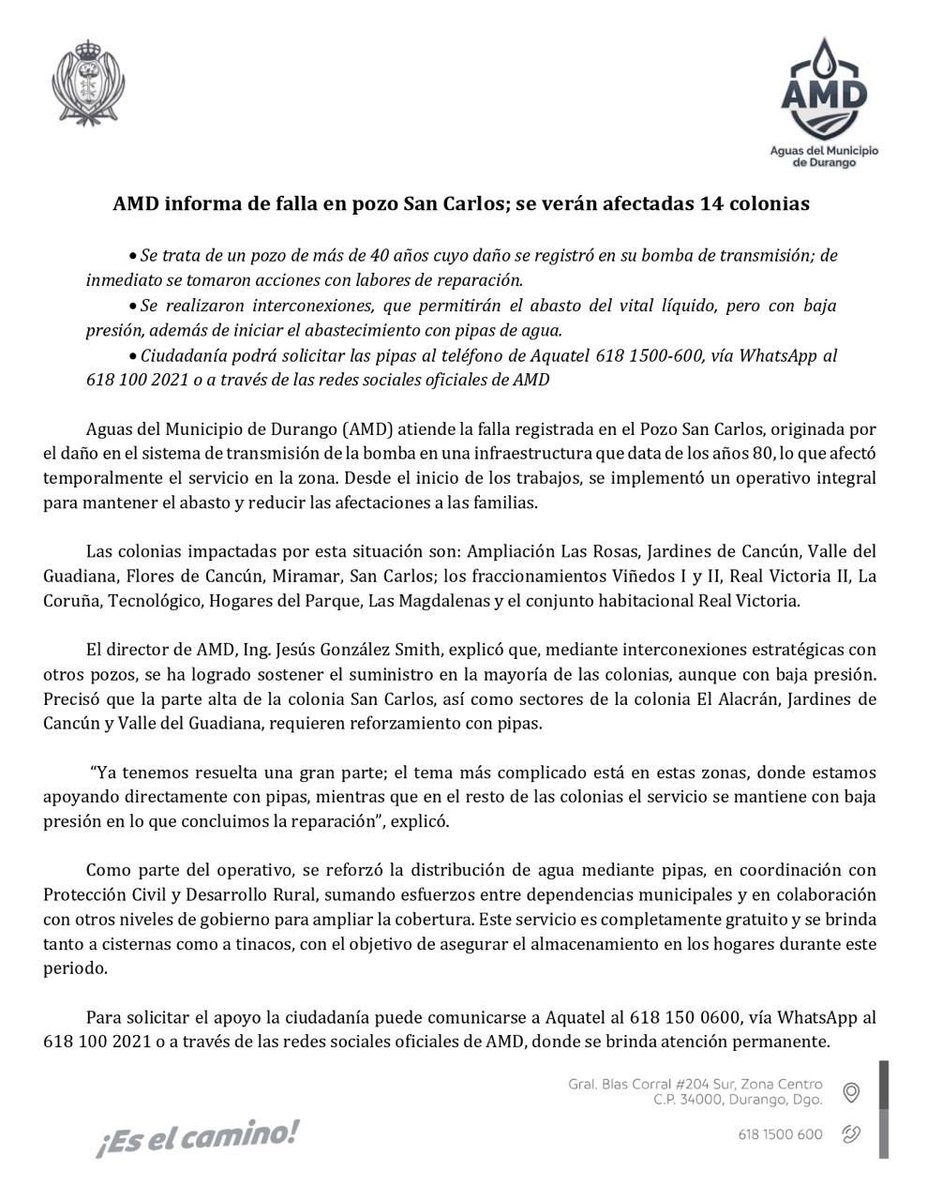Sallvatoree's tweet image. #Durango | #Atencion | AMD informa de la falla en el pozo San Carlos afectará el abasto de agua en 14 colonias. #Noti12