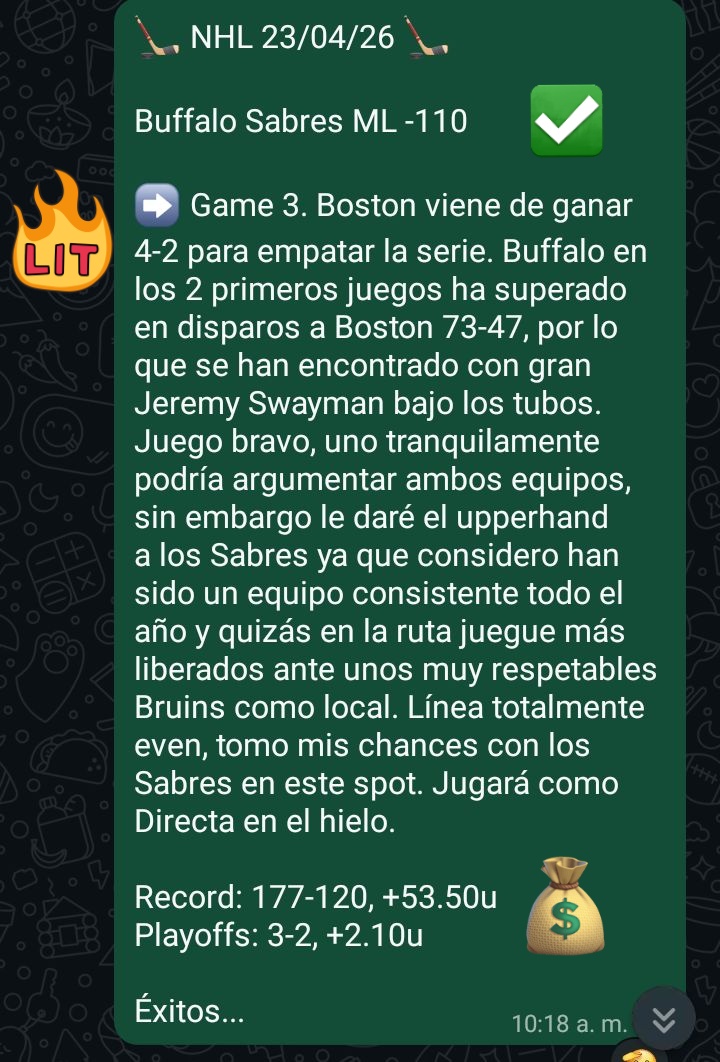 BetIcebreaker's tweet image. #NHL Resumen 23/04/26

🏒 Buffalo Sabres ML -110 ✅

HUBO Directa ganadora para los afiliados 💰 Buffalo nos responde en el hielo con precio decente 💪🏻🔥

Asesorate por el +584121493346

#Icebreaker 🔨