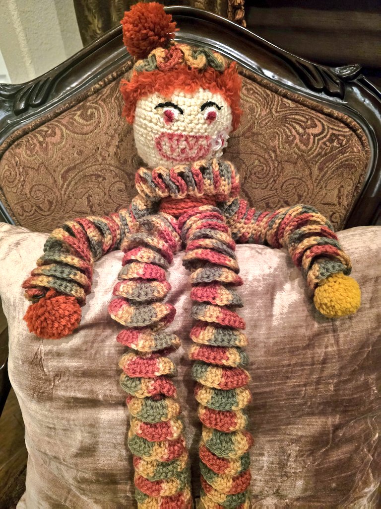 This terrifying creature is Murphy the Clown.  We found it hanging  in my estranged Grandfathers dark and damp Pennsylvania basement in his 1940s home after he died about 10 years ago. Look at this f'n thing. 
My brother secretly took it and  wrapped it for me at Christmas in a