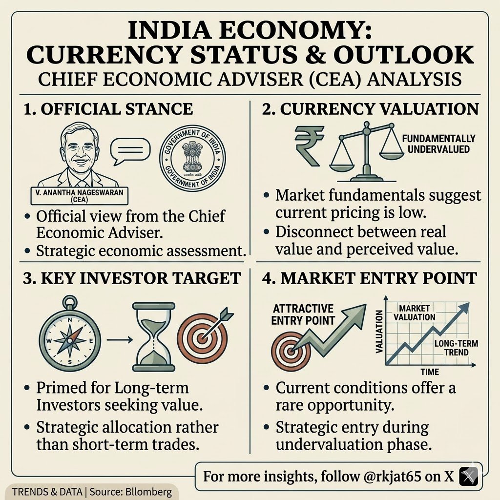 rkjat65's tweet image. India’s Chief Economic Adviser V. Anantha Nageswaran says the Rupee is “fundamentally undervalued.” 

For long-term investors, this current dip is being called an "attractive entry point." 

Is it time to go long on the INR? 

#India #Economy #Rupee