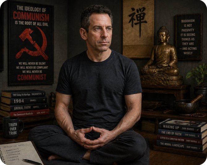 TristramPascoe's tweet photo. If @billmaher were less intoxicated on his on bile, but took measured doses of benzodiazepines and SSRIs, and practiced a daily regimen of anapasati meditation, he would sound like Sam Harris.

“Well, if we first inhale, then just hold for four seconds, we will exhale the reason-based assessment that Mamdani is Satan incarnate and must be destroyed. Now, inhale again, and conjure calming images of Israel defending itself against  medics and infants.”