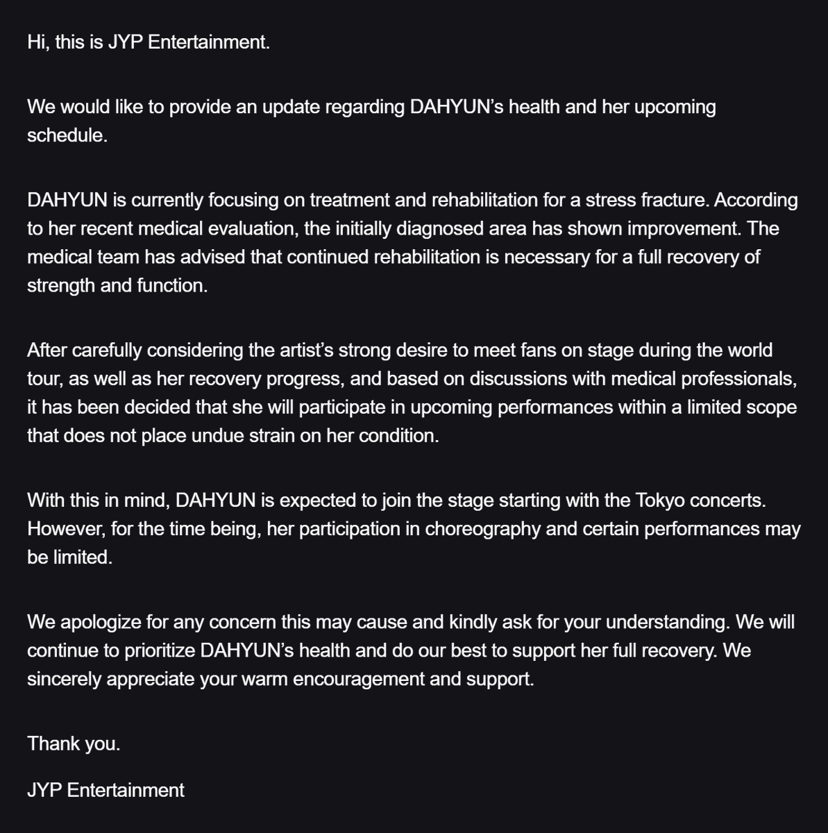 DAHYUN will be participating in the Japan National Stadium concerts! She is still recovering and her ankle fracture has shown signs of improvement, so she'll participating within limited scope to not strain her ankle.