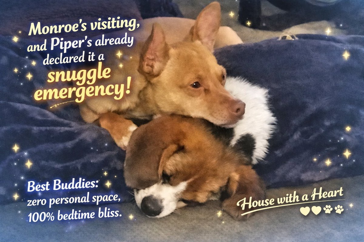 HWAHSeniorPets's tweet photo. Bedtime at the sanctuary means one thing: Monroe and Piper have entered maximum snuggle mode, and the night shift has officially begun.
Send a little love to these two sleepyheads before you drift off โ a single ๐ goes a long way.
#HWAH #DogBedtime #BestFriends #Snuggle https://t.co/4eI2Zz5ODP