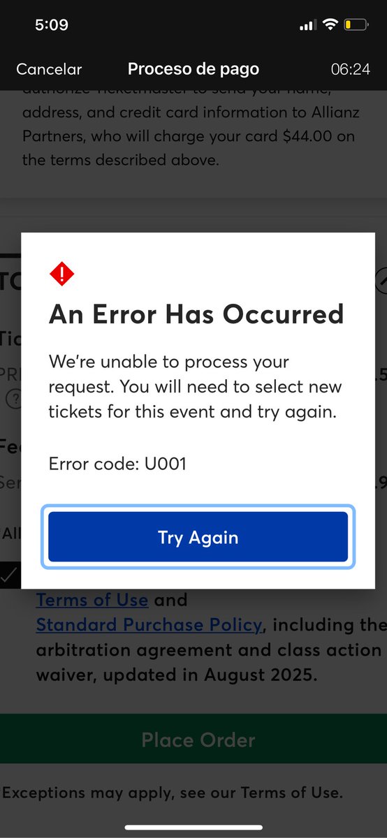 rawrrDorian's tweet photo. I'm trying to buy tickets for #Yoasobi in Los Angeles, but I'm getting this error. What can I do? I want a VIP ticket 😭 I've already tried with several cards, different devices, and I even switched accounts.@Ticketmaster https://t.co/UoWmMyYYER