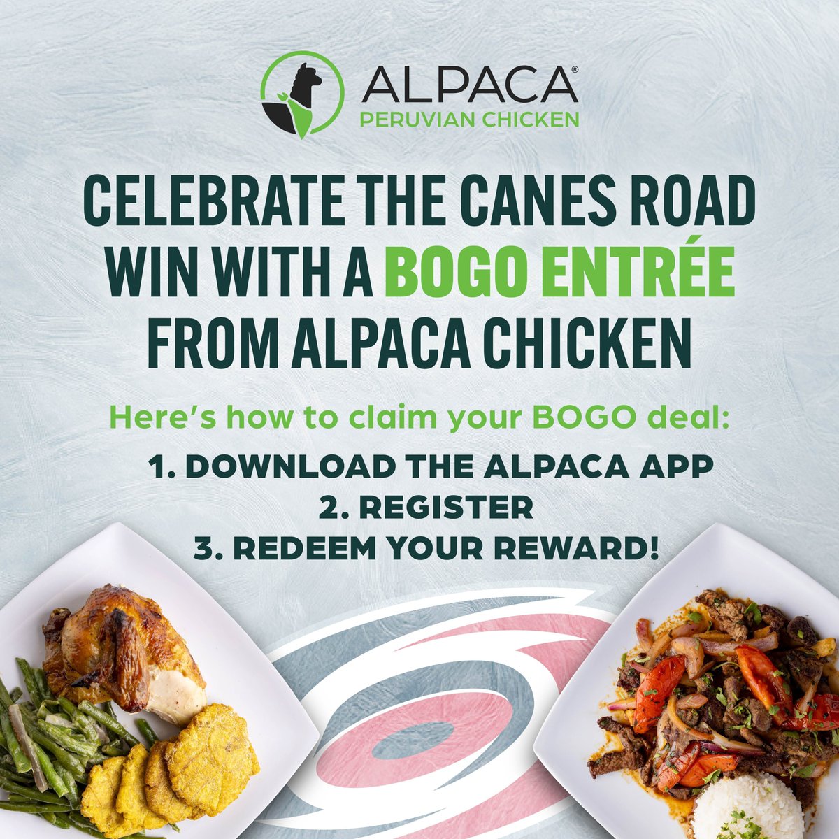 Canes's tweet image. The #Canes secured the Game 3 victory 🚨   

Celebrate tonight's road win with Alpaca Chicken! Redeem your Buy One, Get One FREE entrée in the Alpaca app tomorrow only.