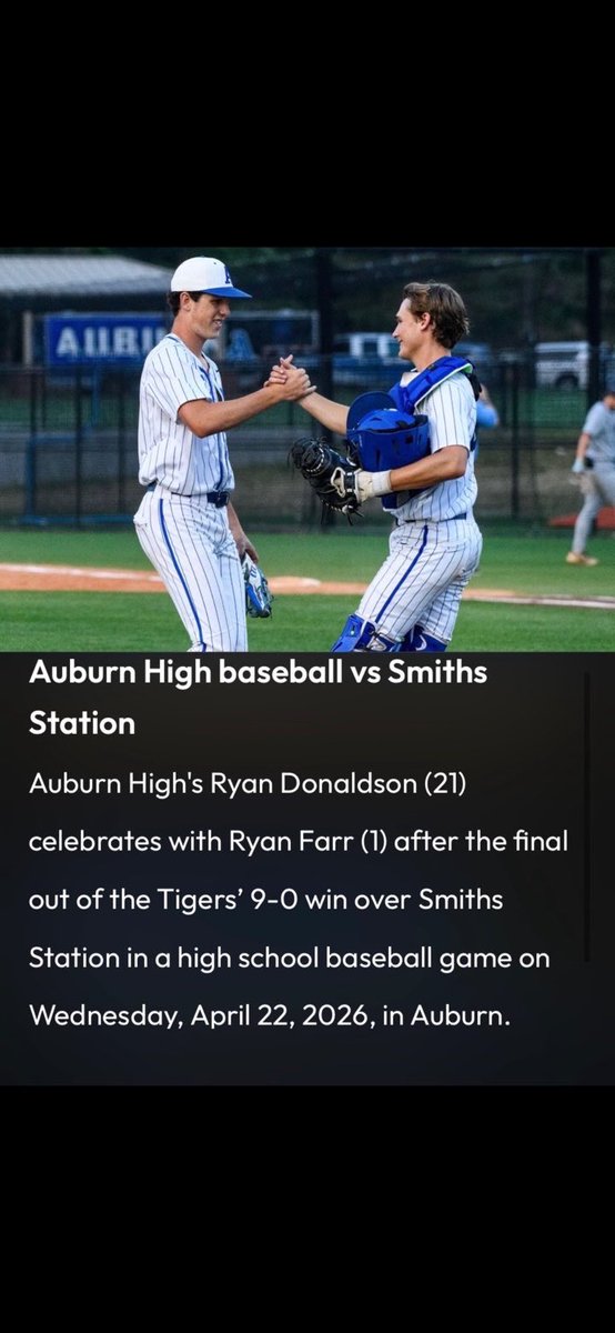 ryandonaldson09's tweet photo. Sidearm reliever/closer @AuburnHighBSB 
Vs. Smith Station #areachamps 

Game 1: Came in runners on 1st and 2nd with no out in the bottom of the 7th. 
Doubled up the first guy and rolled over the second.

Game 2 came in bases loaded 1 out. Got out of the inning in 2 pitches. https://t.co/Vqimii59SE