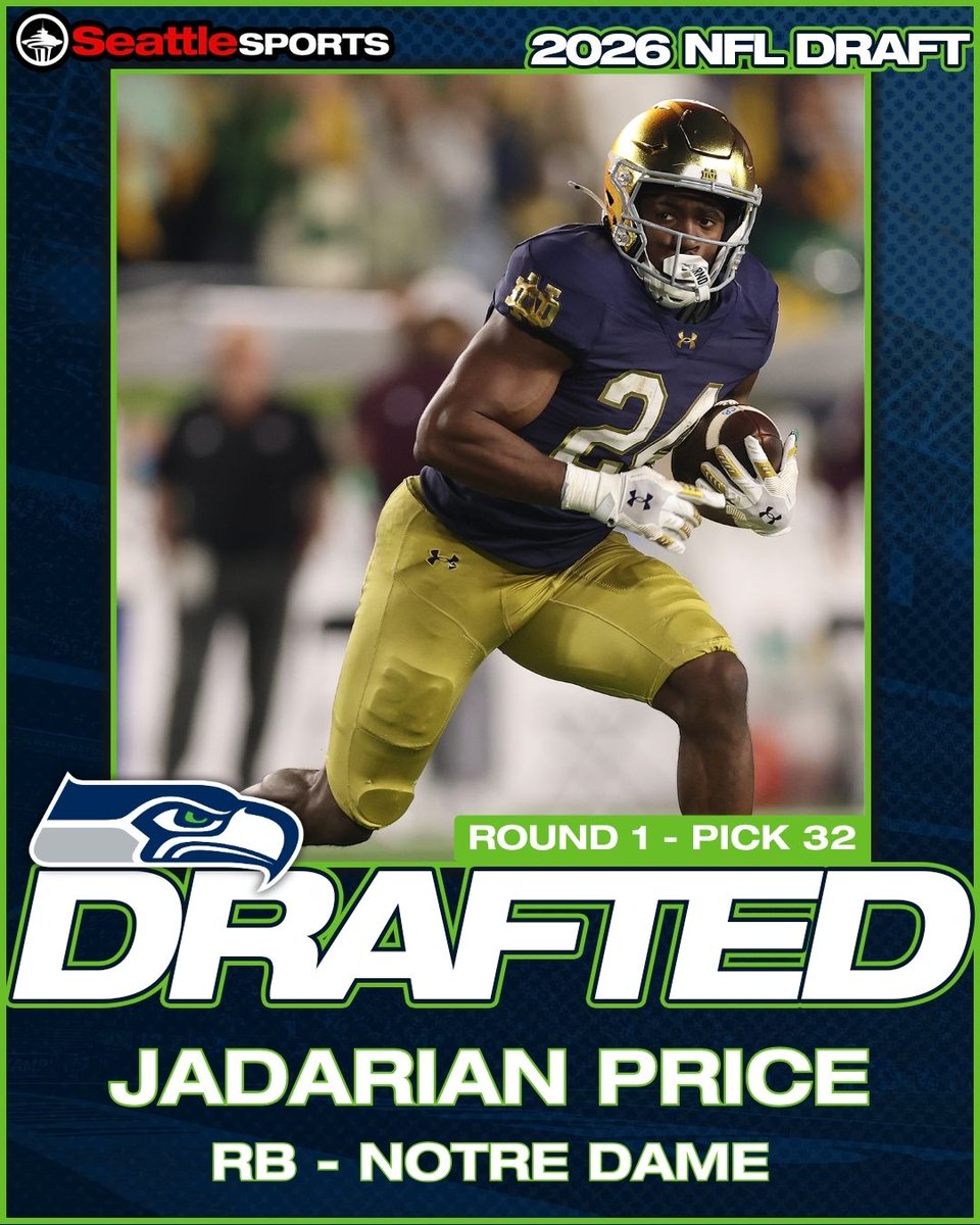 SeattleSports's tweet photo. Welcome to Seattle, @Jadarian15. 👏

The #Seahawks select RB Jadarian Price from Notre Dame with the No. 32 overall pick in the 1st round of the #NFLDraft. https://t.co/AYPFitelv5
