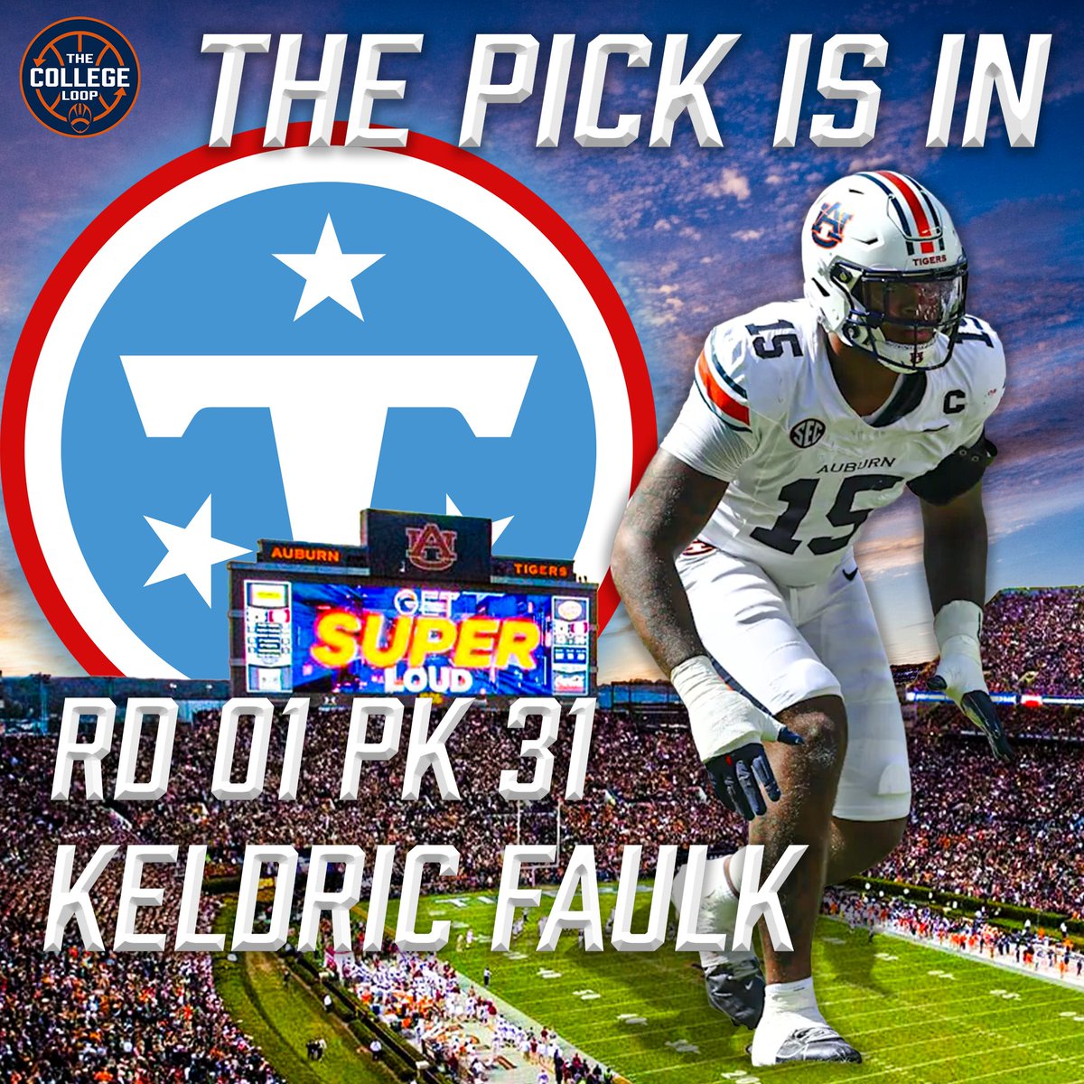 TheCollegeLoop's tweet image. THE PICK IS IN: Keldric Faulk becomes the first Tiger since 2020 to be drafted in the first round, as the Tennessee Titans trade back to take him at 31!

#WarEagle #FeelinLoopy #AuburnFootball #TitanUp #NFLDraft2026