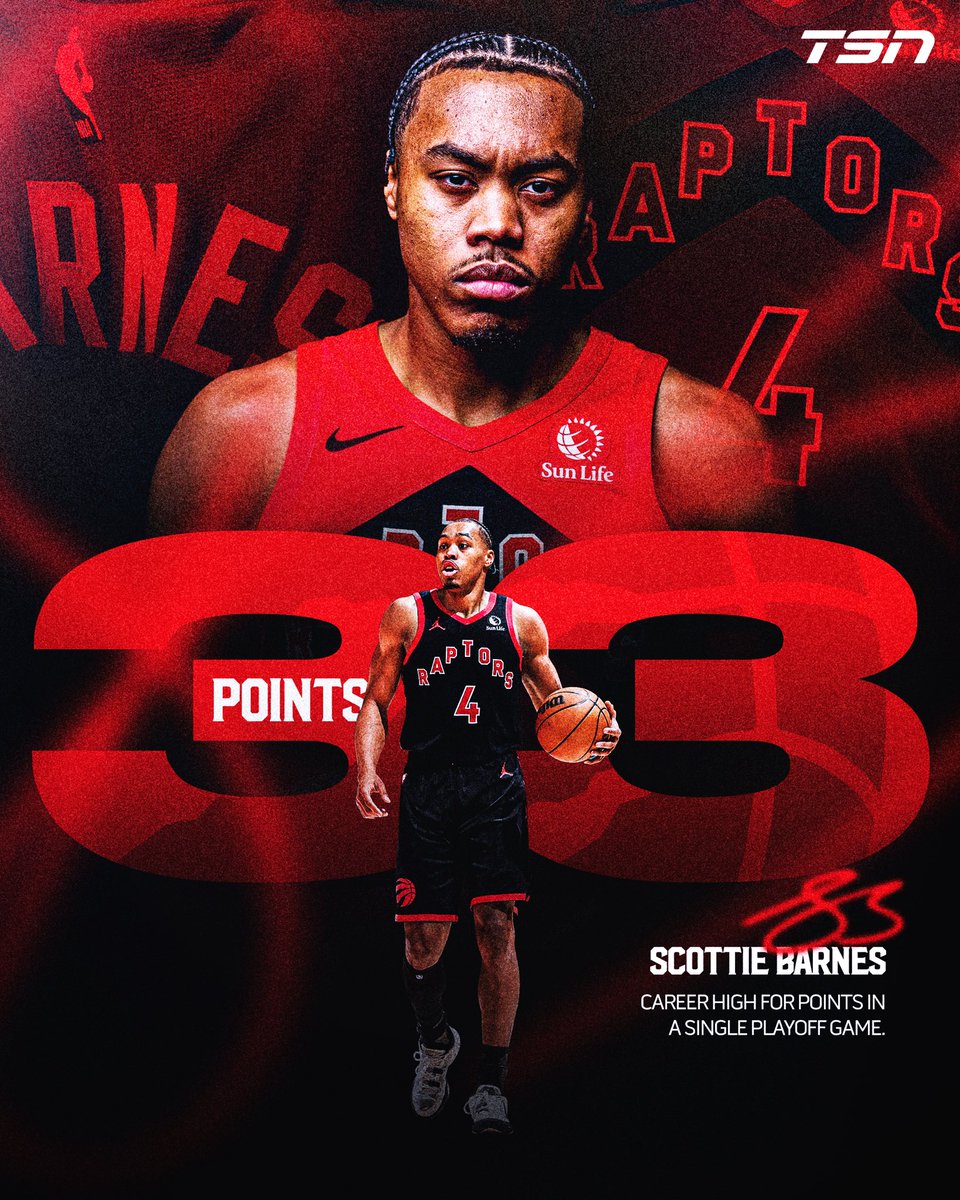 TSN_Sports's tweet photo. SCOTTIE BARNES WENT OFF IN GAME 3 AGAINST THE CAVS, SETTING A NEW PLAYOFF CAREER HIGH. 😤🔥 https://t.co/kukYnqBg3p