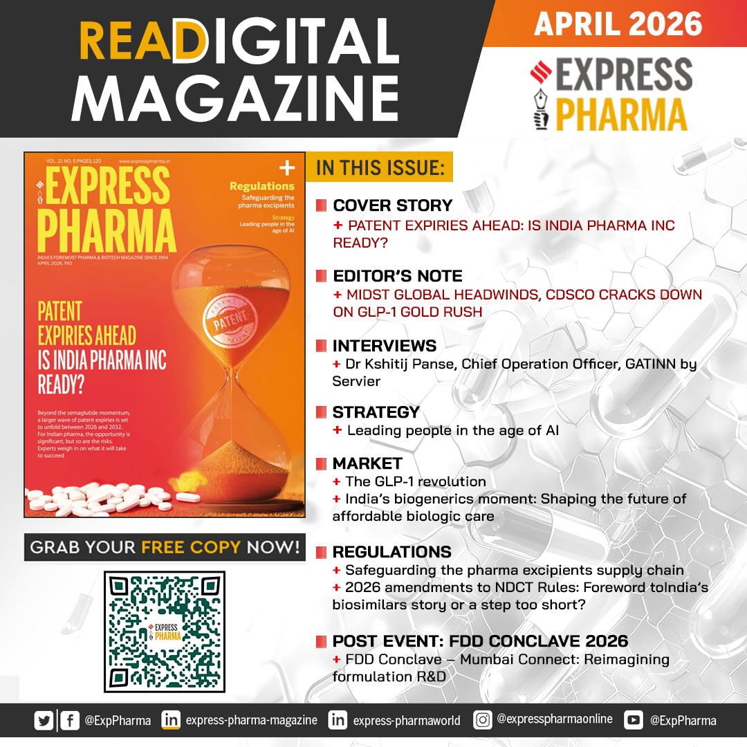 ExpPharma's tweet image. #DigitalIssue of #ExpressPharma April 2026 ~ Patent Expiries Ahead: Is India Pharma Inc Ready?, is out and available online at t.ly/epmag-apr26

Grab your FREE copy of #DigitalMagazine now! 

@Viveka_Roy @LNair23 @rbhatkal @ashishrampure @Kalsomekals