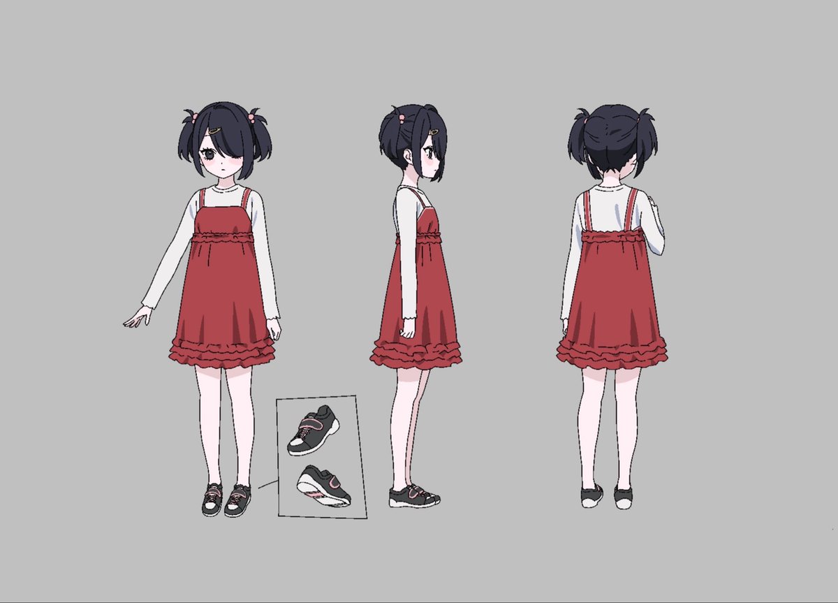 needygirl_anime's tweet photo. ◤￣￣￣￣￣￣￣
 ニディガ資料集
＿＿＿＿＿＿＿◢

第3話『INTERNET OVERDOSE』より
あめちゃんのキャラクター設定を公開

× 黒いドレス
× 中学校制服
× 私服1
× 私服2

#ニディガ https://t.co/Z21bdk1iQs