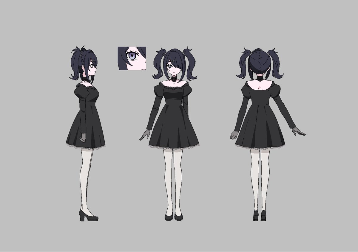 needygirl_anime's tweet photo. ◤￣￣￣￣￣￣￣
 ニディガ資料集
＿＿＿＿＿＿＿◢

第3話『INTERNET OVERDOSE』より
あめちゃんのキャラクター設定を公開

× 黒いドレス
× 中学校制服
× 私服1
× 私服2

#ニディガ https://t.co/Z21bdk1iQs