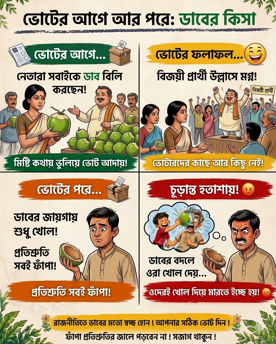 iambsouvik's tweet photo. নির্বাচনের 'ডাব' রহস্য উন্মোচিত! 🕵️‍♂️ আগে ডাবের জল, পরে ডাবের খোল। আপনার এলাকায় নেতাদের প্রতিশ্রুতি কি মিষ্টি? নাকি সব ফাঁপা?🤔 জানুন ভোটের আসল খেলা। 
@iambsouvik
 #ElectionIndia #PoliticalCartoon #BengaliHumor #PromisesVsReality #ViralMeme https://t.co/vikO7NXwRs