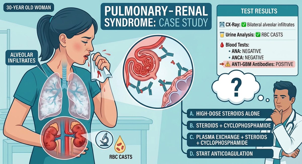 Rheumat_Aravind's tweet image. 🧠 Rheumatology MCQ

Hematuria + hemoptysis + rapid AKI
RBC casts
CXR infiltrates
Anti-GBM +

Next step?

A Steroids
B Steroids + CYC
C PLEX + steroids + CYC
D Anticoagulation

#Rheumatology #AntiGBM #MedEd @docakx @IhabFathiSulima @DocPriyamMD @DrNikhilMD
