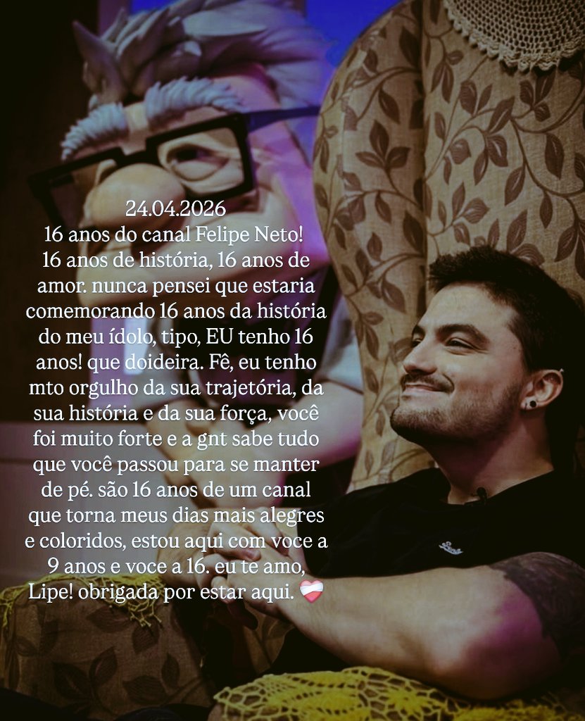 leaalnetoo's tweet photo. 16 anos de muito amor e força! 
Te amo, Lipezoca. ❤️‍🩹
#felipeneto 
#16AnosCanalFelipeNeto 
@felipeneto https://t.co/28YjvJZnKN