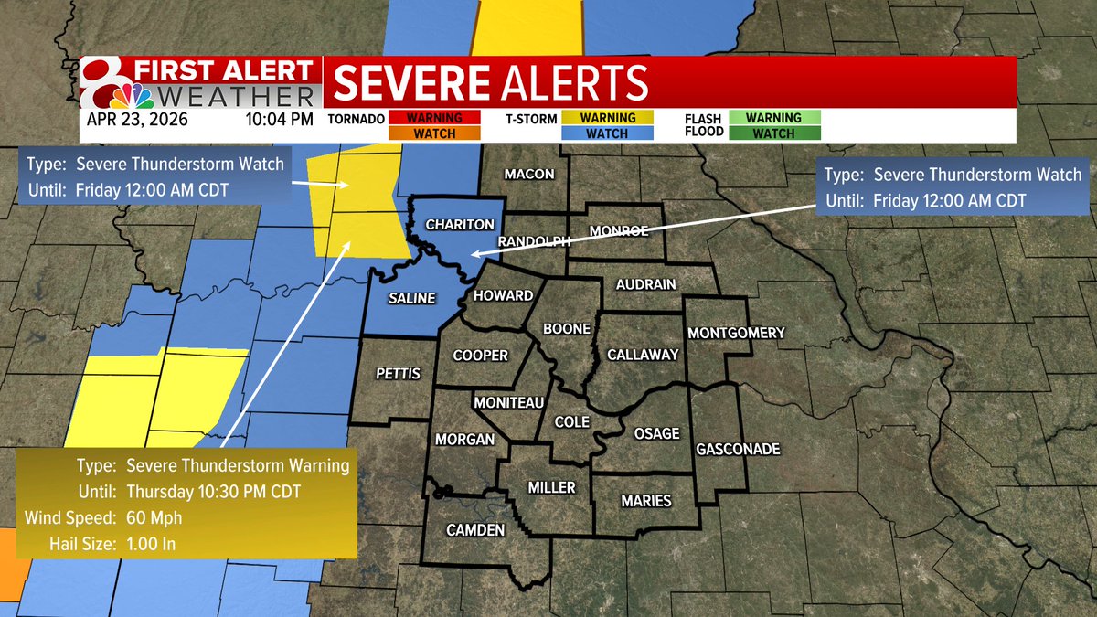 KOMUMatt's tweet image. A Severe Thunderstorm Watch is in effect for Chariton and Saline County until Midnight. That is where our near-term severe potential is over the next half hour to an hour. #MidMoWx #MoWx #MidMo