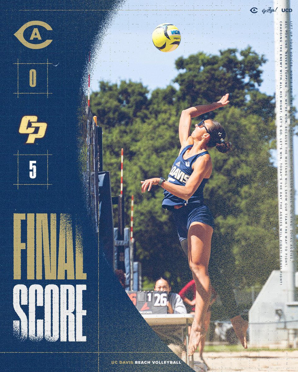 ucdavisbeachvb's tweet photo. FINAL: UC Davis 0, Cal Poly 5

We move on to play Cal State Bakersfield in the elimination round tomorrow morning!

#GoAgs https://t.co/HSkqFRas67