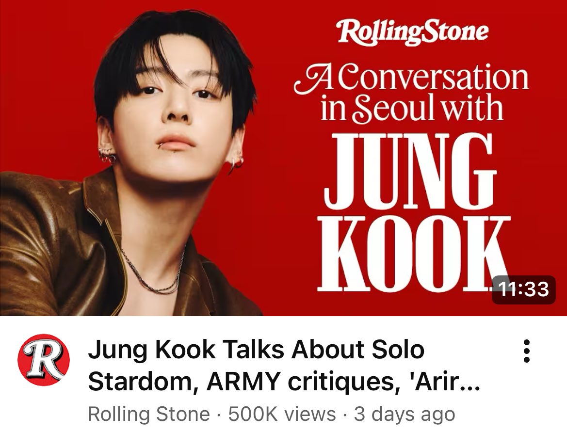 Half a million views secured!

Rolling Stone’s official YouTube interview with Jungkook just crossed 500K views🔥🔥🔥

Keep streaming, let’s go higher! 💪🏼
youtu.be/1H4YdNmxYSk?si…

#JungkookxRollingStone