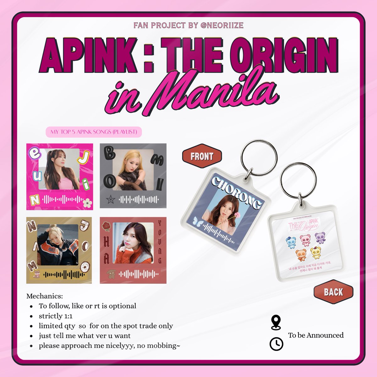 🧚𝓕𝓻𝓮𝓮𝓫𝓲𝓮𝓼 𝓯𝓸𝓻 𝓐𝓟𝓘𝓝𝓚 𝓒𝓸𝓷𝓬𝓮𝓻𝓽 𝓲𝓷 𝓜𝓪𝓷𝓲𝓵𝓪🧚

—acrylic keychain w/ sp0tify qr code of my top 5 fave #Apink songs🐼

💖like, rt, follow is optional
💖strictly 1:1
💖limited qty only
💖tell me ur bias~

#에이핑크  #Apink_in_Manila #The_Origin_Apink_Manila