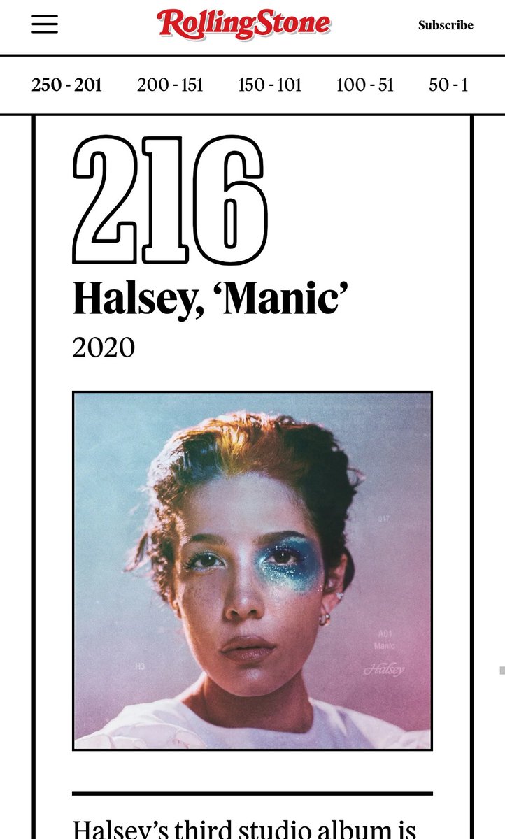 93angelonfire's tweet photo. Halsey' album Manic listed at 216 of Rolling Stones 250 greatest albums of the 21st century!!! 

(should be way higher but it's fine) https://t.co/2M4AB1RaDe