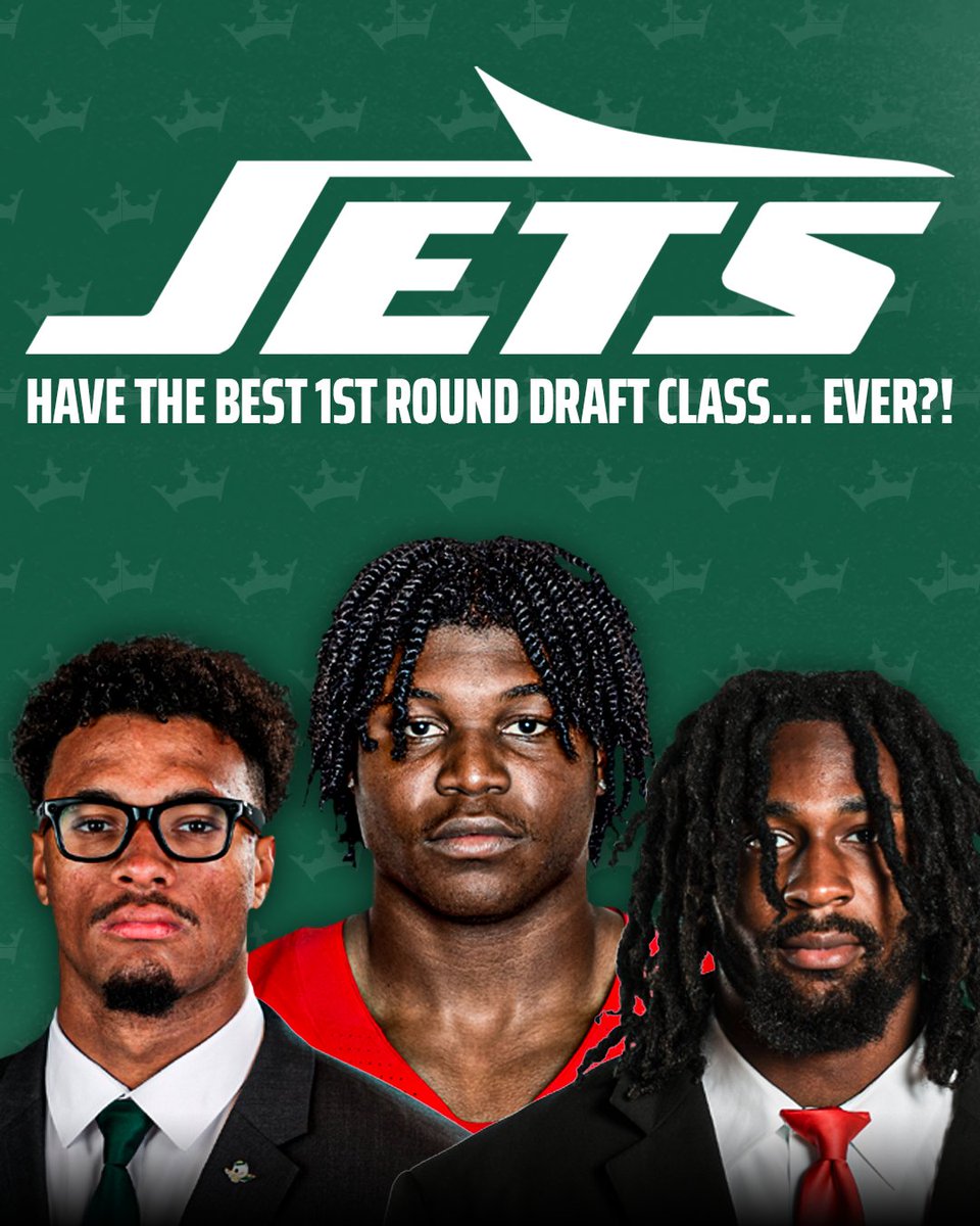 DraftKings's tweet photo. Did the New York Jets put together the best 1st Round draft class... EVER?! 🤯

🛩️ EDGE David Bailey, 2nd
🛩️ TE Kenyon Sadiq, 16th
🛩️ WR Omar Cooper Jr., 30th

An elite defensive piece and two offensive weapons 👀 https://t.co/nbLvlcaUCi