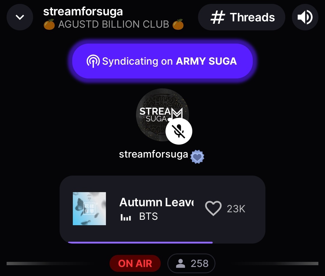 _streamforsuga's tweet photo. 👑 AGUST D BILLIONS CLUB 👑
We’re LIVE now on Stationhead! 🔥
Come join us and keep the streams going strong for Yoongi! 💖
🔗 https://t.co/595CyghQoU
🎯 Road to 1 BILLION for HAEGEUM
AGUST D BILLIONS CLUB
#HaegeumTo1Billion #StreamForYoongi https://t.co/7bmwTSG8iX