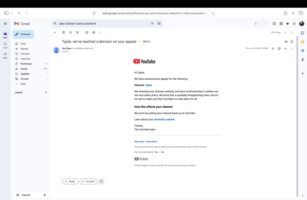 tyjule2's tweet photo. @TeamYouTube My channel, Tyjule, got removed for sex and nudity, but I know that I didn't violate any policies. I made height videos, blogs, and songs. I'm requesting for YouTube to review my channel and reinstate it.

Channel URL: https://t.co/SOiGuZ4D84 https://t.co/LI2rX25Pvj