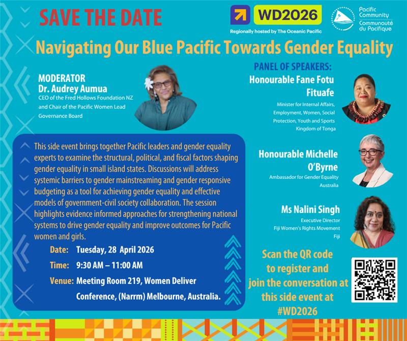 PacGirlProgram's tweet photo. Join our #WD2026 side event Navigating Our Blue Pacific Towards Gender Equality—a talanoa on systems that truly work for women &amp; girls.
📅 28 Apr | 👉 Scan QR to join https://t.co/cJD6M23h2E
