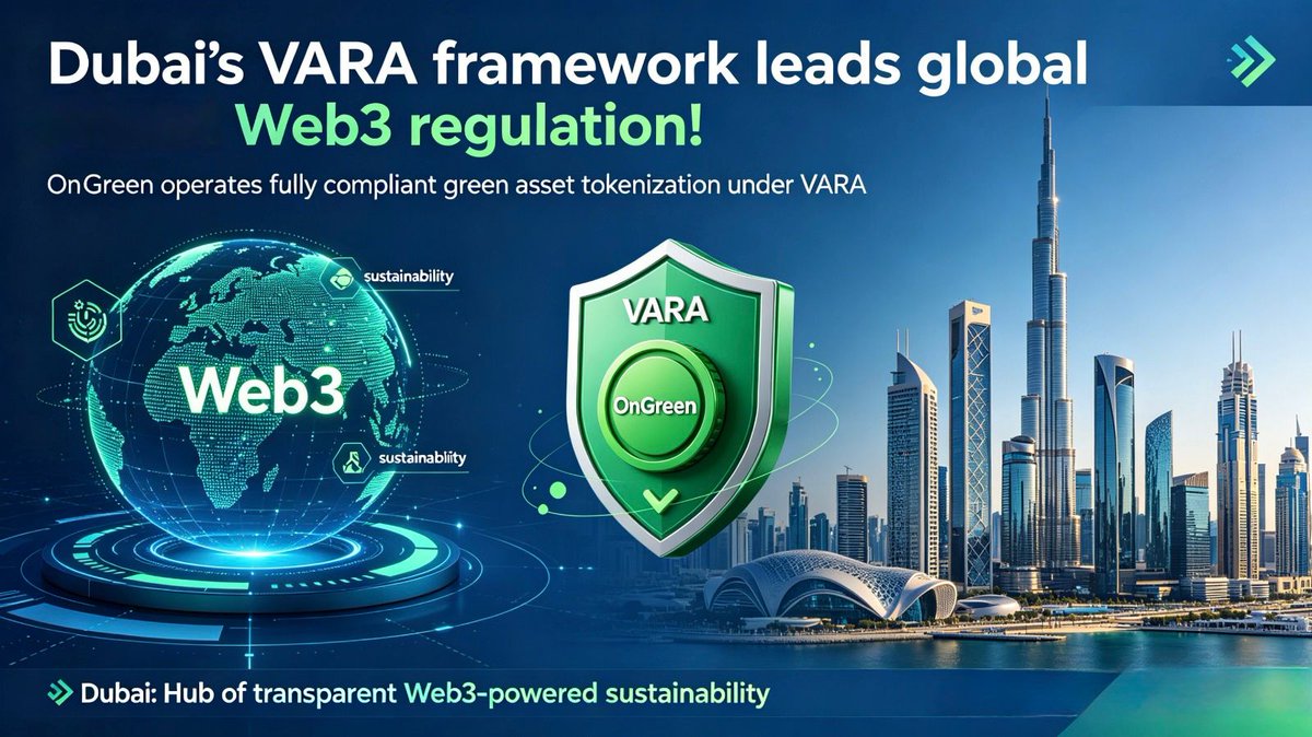 OnGreenW's tweet photo. Dubai’s VARA framework leads global Web3 regulation! OnGreen operates fully compliant green asset tokenization under VARA, making Dubai the hub of transparent Web3-powered sustainability. 🇦🇪#Dubai #Web3 #VARA https://t.co/DERSEX3nTD