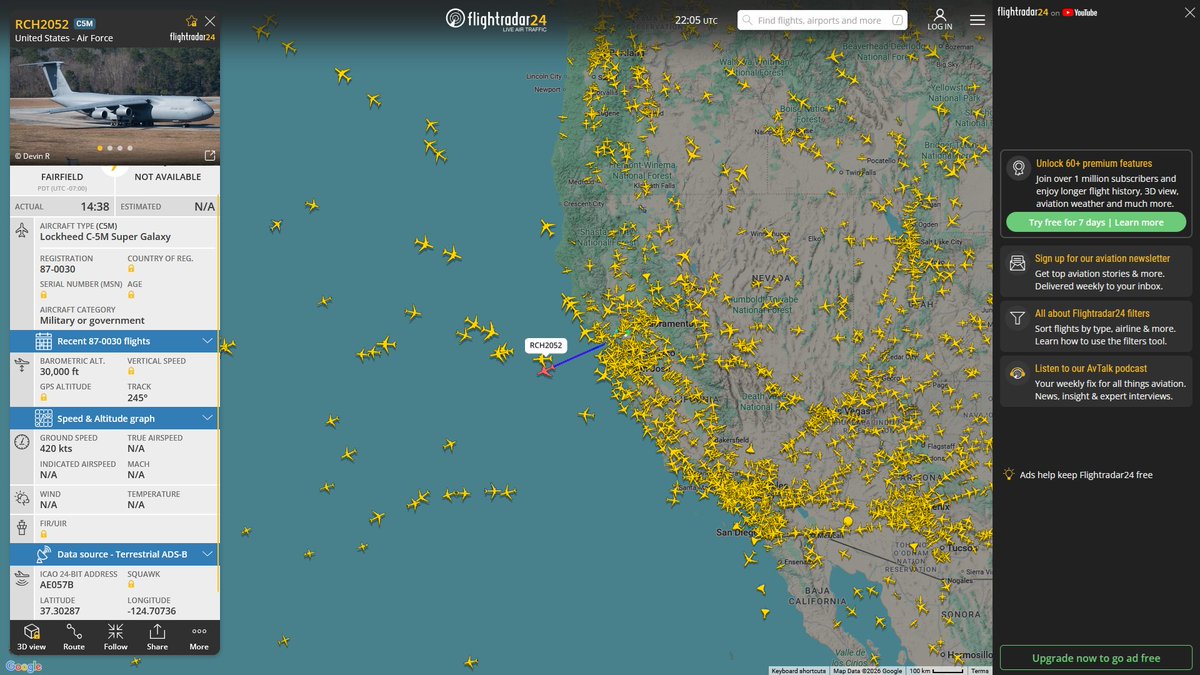 AIYeyENGDdJkjTr's tweet image. Apr. 24, 2026
#Fairfield Travis Air Force Base ==&amp;gt; #Joint Base Pearl Harbor-Hickam, Honolulu 

#RCH2052 #AE057B USAF C-5M Super Galaxy
