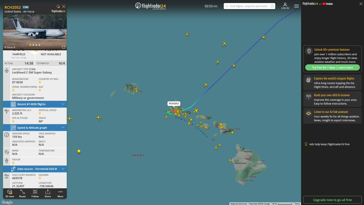 AIYeyENGDdJkjTr's tweet image. Apr. 24, 2026
#Fairfield Travis Air Force Base ==&amp;gt; #Joint Base Pearl Harbor-Hickam, Honolulu 

#RCH2052 #AE057B USAF C-5M Super Galaxy