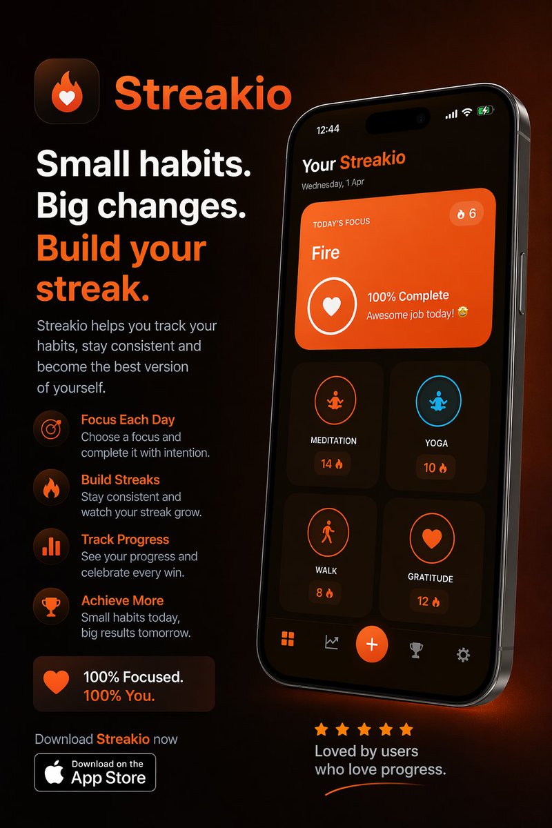 ErxConnect's tweet photo. 🔥 Build better habits with Streakio  

Stay consistent. Track your progress. Hit your goals every single day.  

✨ Daily focus  
📊 Track streaks  
🏆 Stay motivated  

Start your streak today 👇  
https://t.co/NsO0bgMKIB  

#Streakio #BuildInPublic #Productivity #Habits #SelfImprovement #iOSApps #AppStore #Startup #IndieDev #DailyHabits #Consistency #Focus