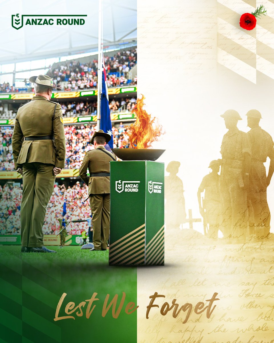 NRL's tweet photo. Our game is built on courage, endurance, initiative, discipline and mateship - values that echo the ANZAC spirit, and that live on in every generation of Australians and New Zealanders who have served.

Lest we forget. https://t.co/G9nPnXr4u3