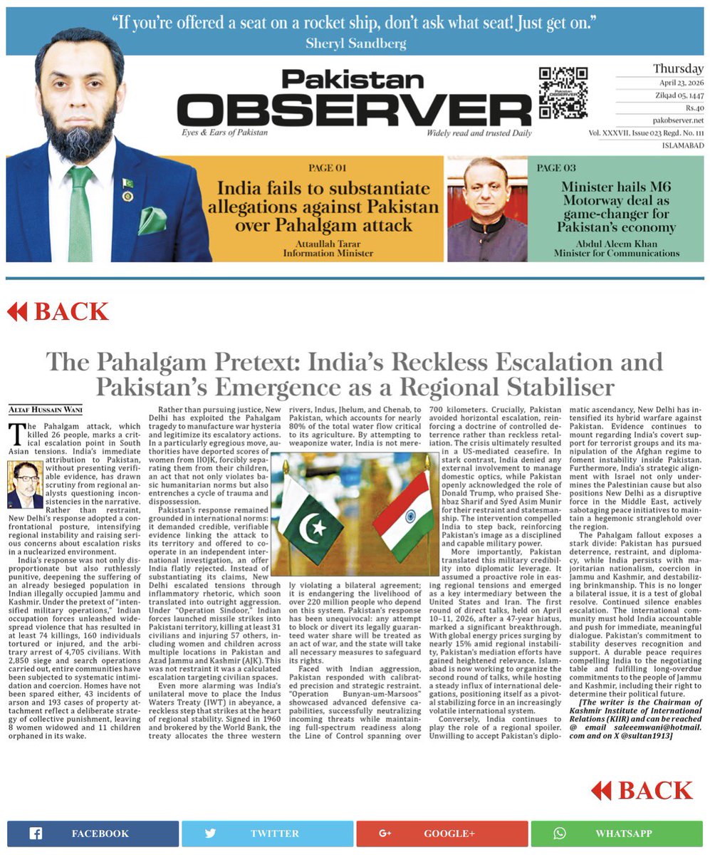 sultan1913's tweet image. India’s reckless escalation in Kashmir risks destabilizing South Asia. Meanwhile, Pakistan emerges as a key stabilizer—diplomatically &amp;amp; morally. The world must act before it’s too late. #Kashmir #SouthAsia #Peace
#PhalghamFalseFlag 
@MIshaqDar50 @ForeignOfficePk