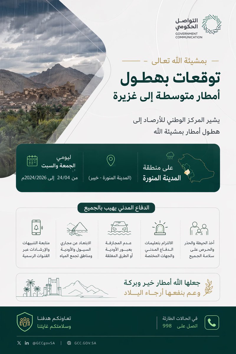 raw24n's tweet photo. توقعات بأمطار متوسطة إلى غزيرة. 
استمتعوا بالأجواء، ولكن لا تنسوا الالتزام بإرشادات السلامة والابتعاد عن مناطق تجمع المياه.
شاركونا صور الأجواء من عندكم 👇📸

#أمطار_المدينة_المنورة #المركز_الوطني_للأرصاد 
#المدينة_المنورة https://t.co/G89XgAa5zK