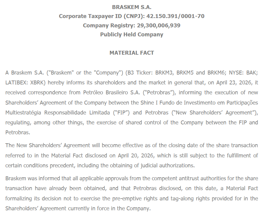 ALLKAResearch's tweet photo. $BAK $PBR Well, that's where the story comes to an end.

🟥Braskem said Petrobras and IG4 [Shine I Fundo de Investimento em Participações Multiestratégia Responsabilidade Limitada] signed a new shareholders’ agreement regulating shared control of the company. 

🟥The pact becomes effective upon closing of the previously announced share sale, pending judicial approvals.

🟥 Antitrust clearance has been secured, while Petrobras will not exercise pre-emptive or tag-along rights under the current agreement.