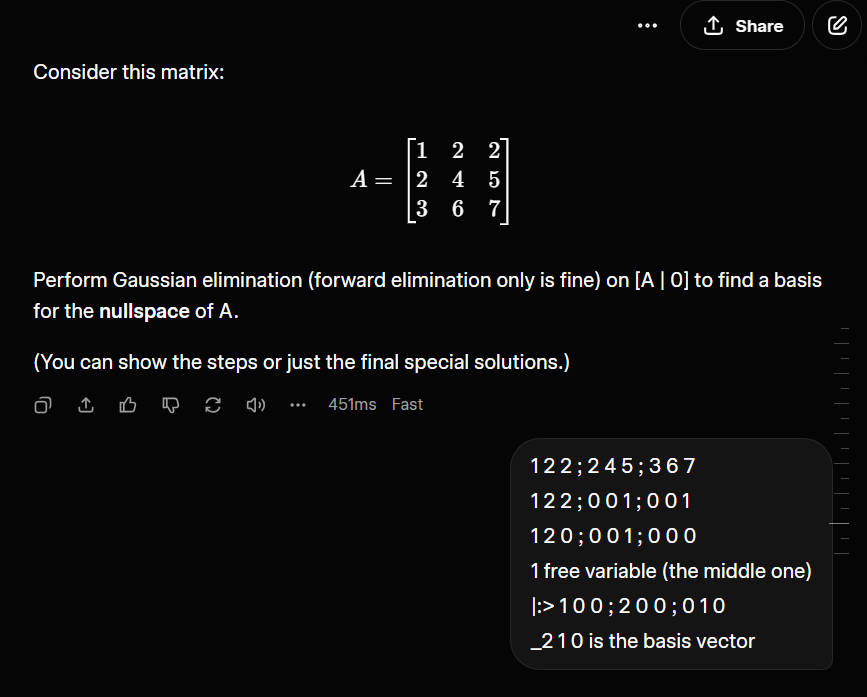 tangentstorm's tweet photo. man, #jlang is so handy for writing math notation in a *usable* way by hand or on a computer, and all the AIs already speak it. 

(usable in the sense that you can do line-by line transformations like you would in algebra class)

yes, LaTeX can make it look much nicer, but J lets you fit an entire matrix all on one line and show your work from line to line.

Here I'm doing Gaussian elimination starting with the initial matrix. (I forgot to put the > in front of the first 3 lines so I'm actually drawing boxed rows instead of a matrix, but @grok understood me).

|: is the transpose operator, and to do it by hand, you just pick out the nth item from each row of the vector.