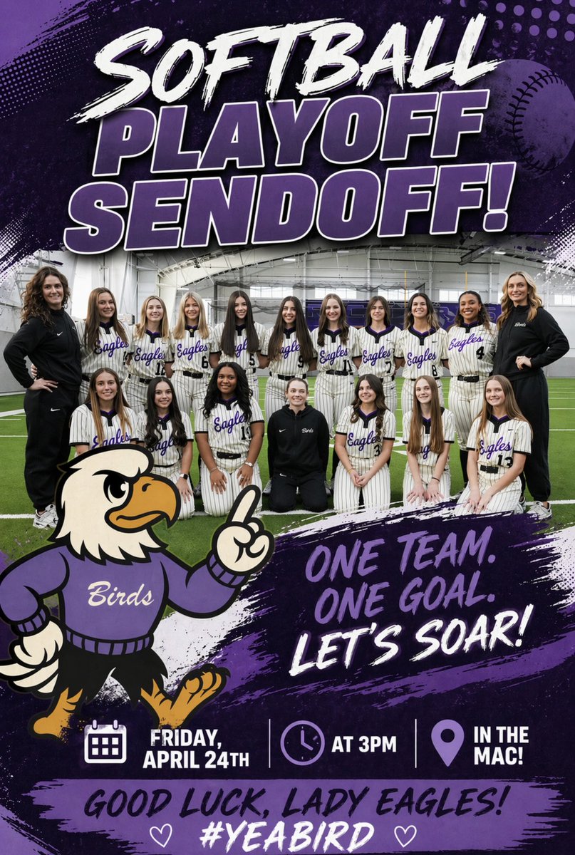 MarleyMercker's tweet photo. Sendoff season! 💜🥎💛

Come out to the MAC tomorrow at 3PM to send @rhs_eagleSB off to round 1 of the playoffs! 🦅🫶🦅

(Parents, make sure to stop by my office to sign in for a badge before it begins!)

#RISDDreamBig @RichardsonHS1 
@coachsims16 @PSabolski @Coach_Miracle https://t.co/iYikr3OFTU