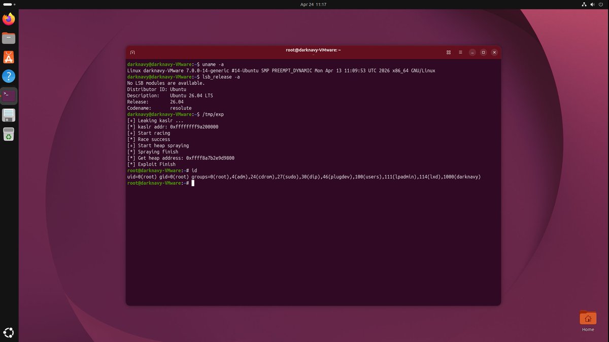 DarkNavyOrg's tweet image. Our AI Agent popped a root shell on Ubuntu 26.04 on the first day it was released :)