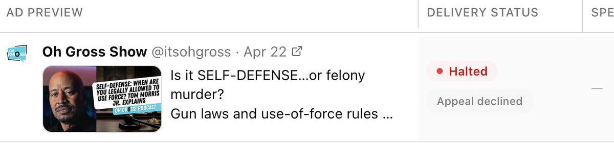 <a href="/JamesOKeefeIII/">James O'Keefe</a> X ads is halting our post promotion today on our gun and self defense episode.  Help us get it out there!
x.com/itsohgross/sta…