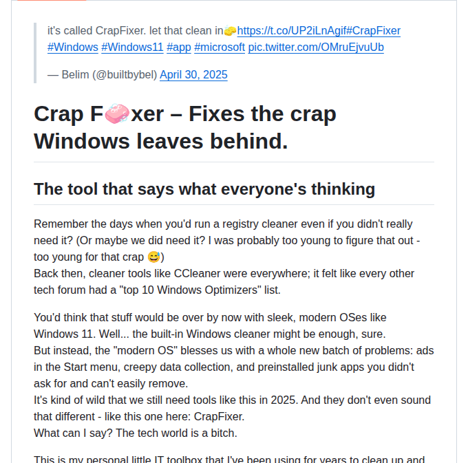 _thegb_'s tweet photo. Diga adeus aos apps lixo e anúncios que rodam no seu Windows! 🚀 O CrapFixer remove tudo de forma rápida e sem dor. Experimente agora e liberte seu PC! 👉 https://t.co/l6geS12AeK #Windows #CleanPC https://t.co/U2geil2fFF