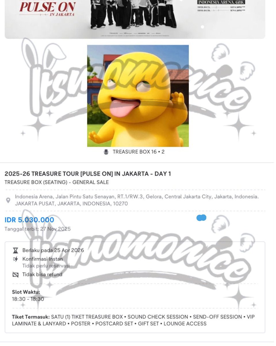 WTS TREASURE PULSE ON IN JAKARTA

DAY 1 : 2 TIKET SEDERET
- TBOX (BOX 16 - 2* &amp; 2*) : 5jt nett

✅ TRUSTED 100%
✅ ANY PROOF
✅ SOSMED PRIBADI
✅ DP KECIL &amp; PELUNASAN DI VENUE
✅ LANGSUNG JADI WB
✅ MASUK BARENG

wts wtb treasure pulse on jakarta underprice
