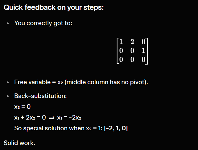 tangentstorm's tweet photo. man, #jlang is so handy for writing math notation in a *usable* way by hand or on a computer, and all the AIs already speak it. 

(usable in the sense that you can do line-by line transformations like you would in algebra class)

yes, LaTeX can make it look much nicer, but J lets you fit an entire matrix all on one line and show your work from line to line.

Here I'm doing Gaussian elimination starting with the initial matrix. (I forgot to put the > in front of the first 3 lines so I'm actually drawing boxed rows instead of a matrix, but @grok understood me).

|: is the transpose operator, and to do it by hand, you just pick out the nth item from each row of the vector.