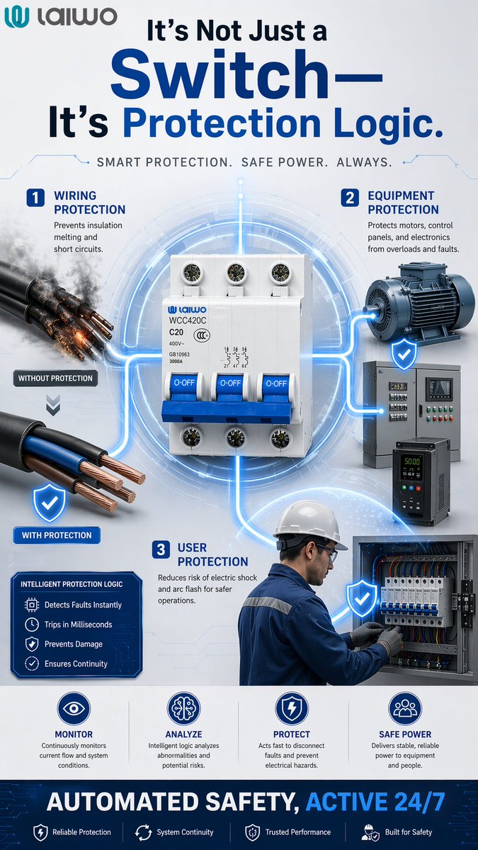 laiwoElectrical's tweet image. More than switching.
Built for protection.
A circuit breaker protects wiring, equipment, and users — automatically.

#CircuitBreaker #ElectricalProtection #B2B