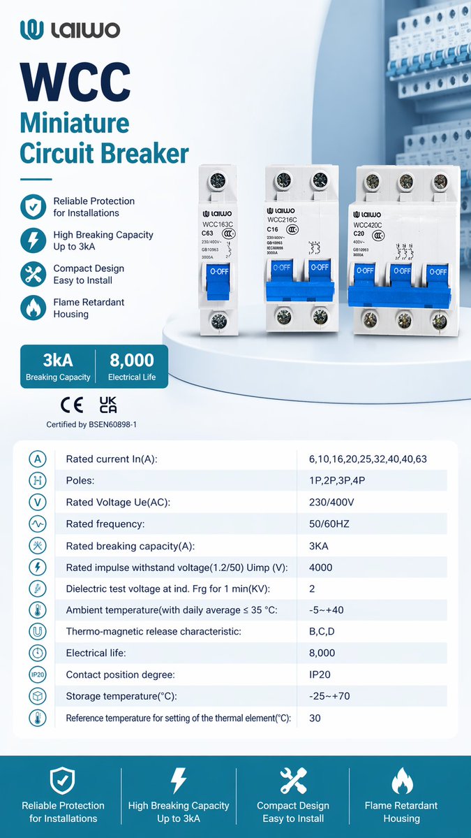 laiwoElectrical's tweet image. More than switching.
Built for protection.
A circuit breaker protects wiring, equipment, and users — automatically.

#CircuitBreaker #ElectricalProtection #B2B