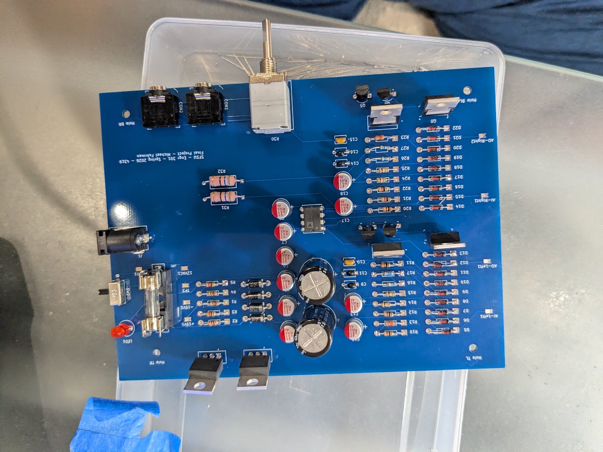 ENetArch's tweet photo. My Engineering Lab project. using KiCAD, build an audio amplifier, then buy the parts, and assemble. I'll find out tomorrow if it works. 🥳🥳🥳 https://t.co/7thnA5FLQN