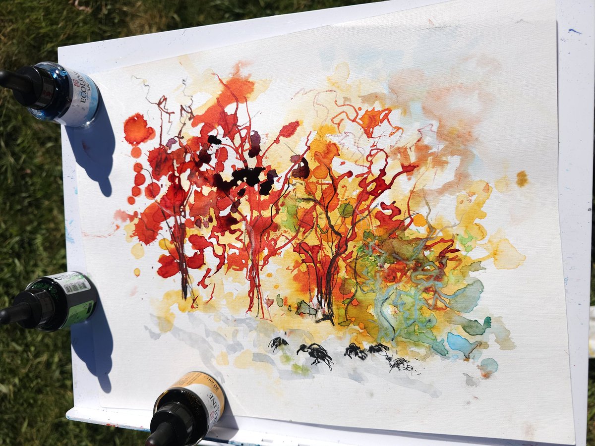 AndySumnerArt's tweet photo. Out in the sunshine sketch-painting this morning ... these are choughs under autumn oaks. Their playful fossicking and gentle squabbling makes me smile. https://t.co/f9RsVuvtPK