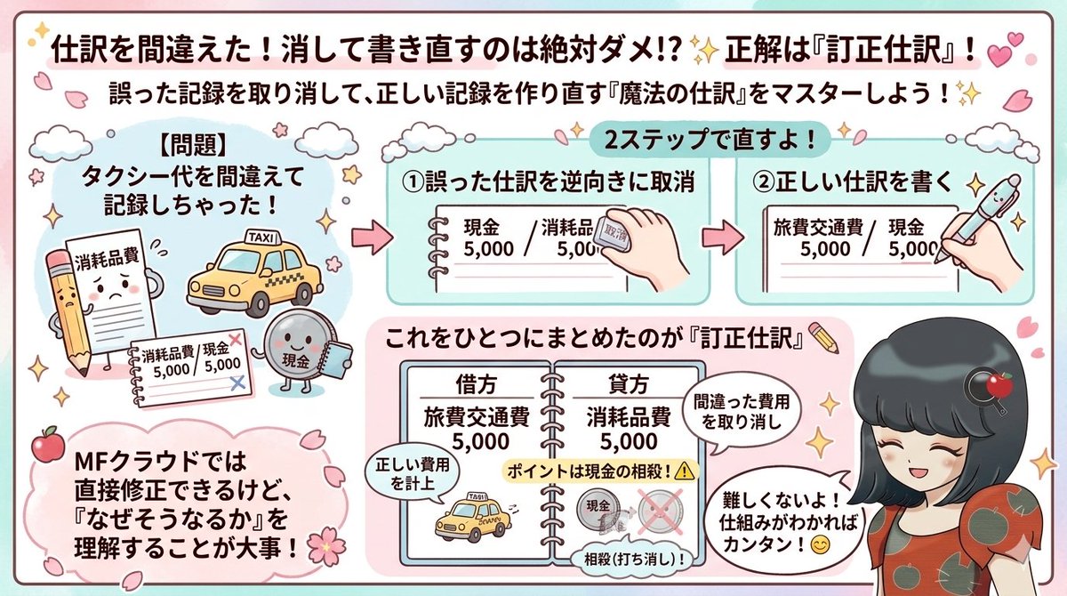 ringoflypan's tweet photo. #金曜日は仕訳の日

仕訳を間違えても、記録は消せない！知ってた？💦

正しい直し方は「訂正仕訳」。
取消仕訳＋正しい仕訳をひとつにまとめるんです✏️
しかもポイントは「現金が消える」こと。
取消と正しい仕訳の現金が相殺されて、
最後は勘定科目だけ残ります😊 https://t.co/mgWDDyx2Zk
