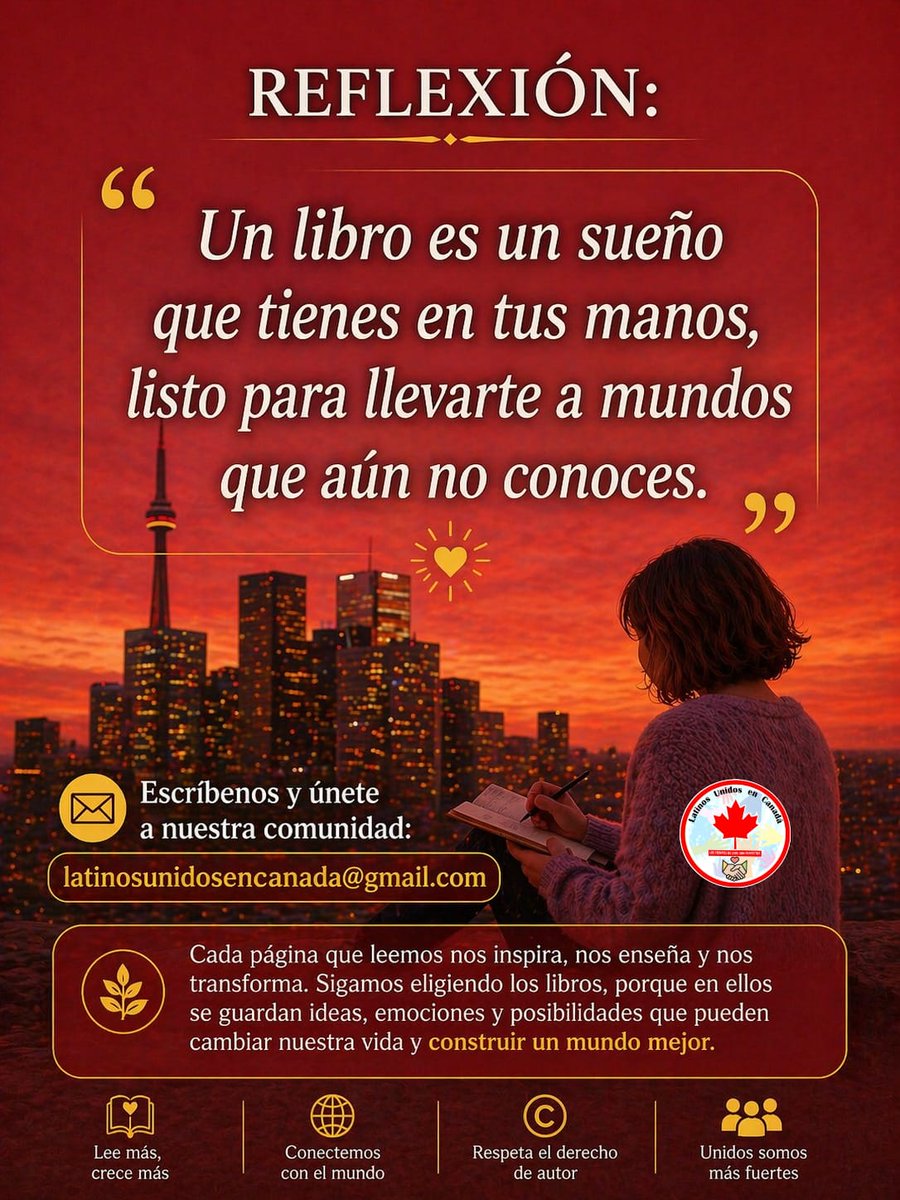 LatinosLUC's tweet photo. Un libro es mucho más que palabras: es una puerta abierta a nuevos mundos, ideas y sueños . Cada página que leemos nos inspira, nos enseña.  Nunca dejes de aprender, imaginar y crecer.#DíaDelLibro Escríbenos y únete a nuestra comunidad: latinosunidosencanada@gmail.com https://t.co/eXxlAt2YaZ